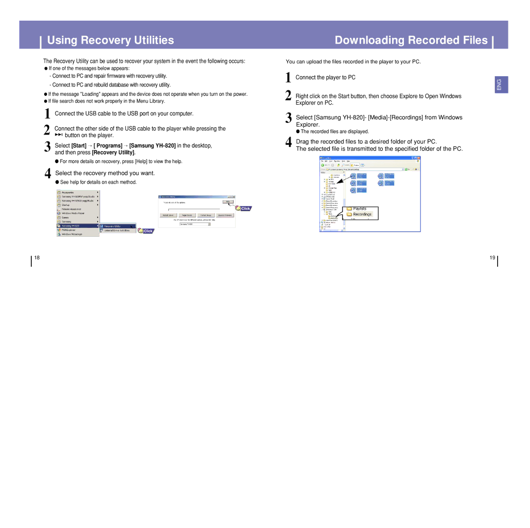 Samsung YH-820MC/XSP, YH-820MC/ELS, YH-820MC/XEU, YH-820MC/XAC manual Using Recovery Utilities, Downloading Recorded Files 