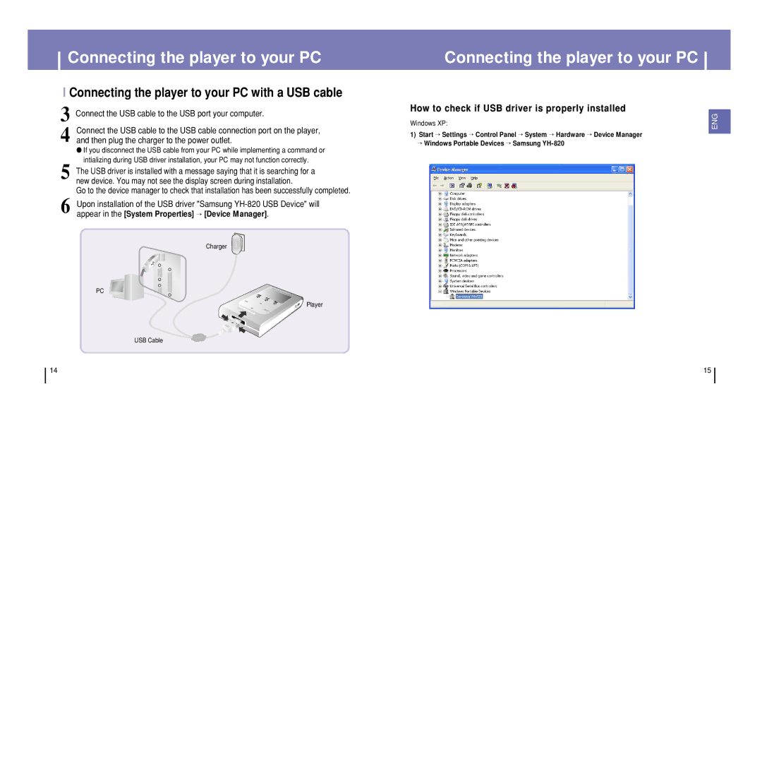 Samsung YH-820MC/XAC, YH-820MC/ELS, YH-820MC/XEU, YH-820MC/XAA manual Connecting the player to your PC with a USB cable 