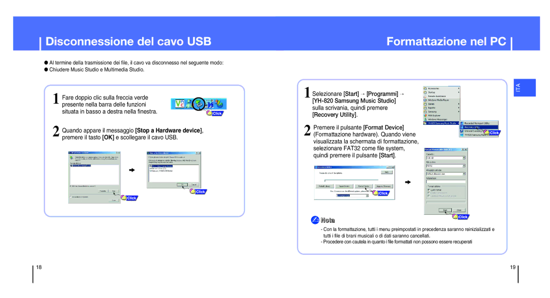 Samsung YH-820MC/XAA, YH-820MC/ELS, YH-820MC/XEU, YH-820MC/XAC manual Disconnessione del cavo USB, Formattazione nel PC 