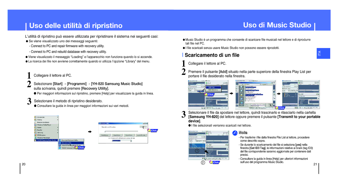 Samsung YH-820MW/CHN, YH-820MC/ELS manual Uso delle utilità di ripristino, Uso di Music Studio, Scaricamento di un file 