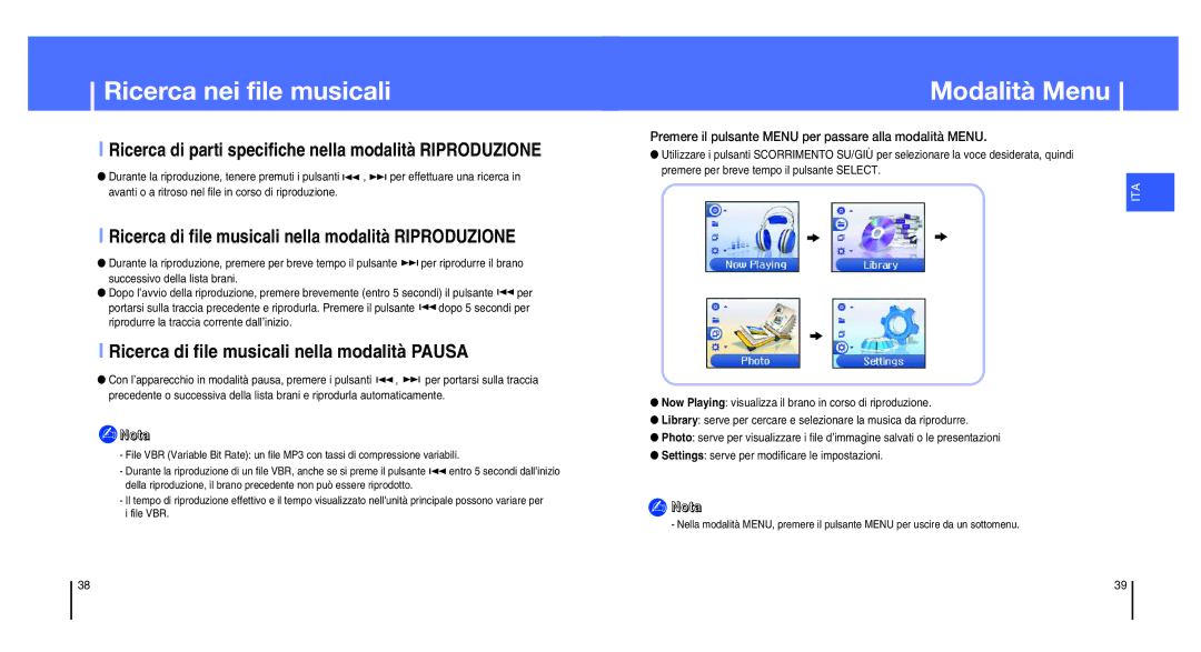 Samsung YH-820MC/XSP Ricerca nei file musicali, Modalità Menu, Ricerca di parti specifiche nella modalità Riproduzione 