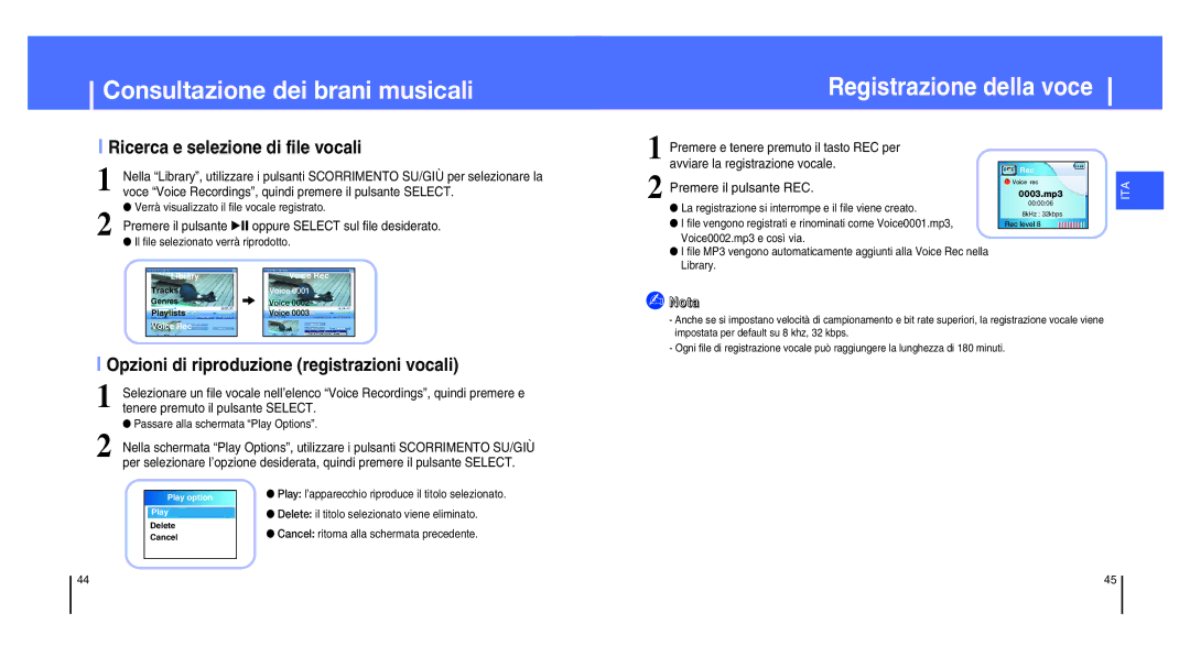 Samsung YH-820MC/XAC, YH-820MC/ELS manual Ricerca e selezione di file vocali, Opzioni di riproduzione registrazioni vocali 