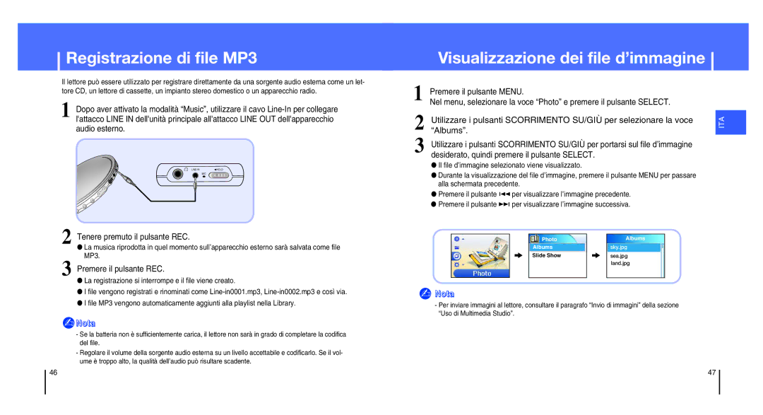 Samsung YH-820MC/XAA manual Registrazione di file MP3, Visualizzazione dei file d’immagine, Albums, Premere il pulsante REC 