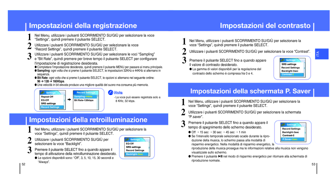 Samsung YH-820MC/XSP Impostazioni della registrazione, Impostazioni del contrasto, Impostazioni della retroilluminazione 