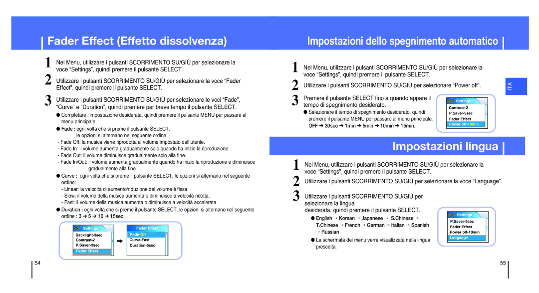 Samsung YH-820MC/ELS Fader Effect Effetto dissolvenza, Impostazioni lingua, Effect, quindi premere il pulsante Select 