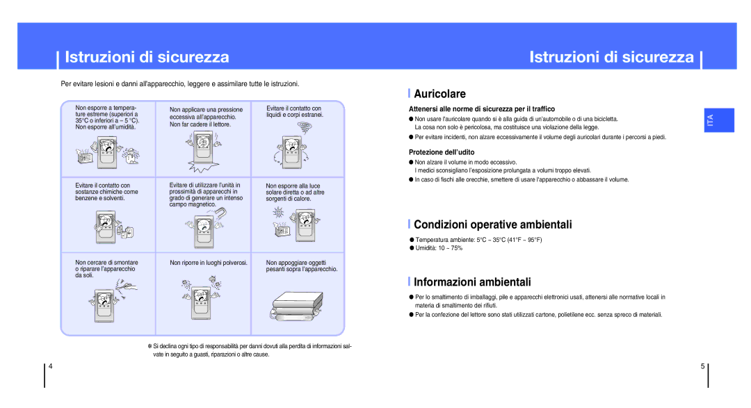 Samsung YH-820MC/XAA manual Istruzioni di sicurezza, Auricolare, Condizioni operative ambientali, Informazioni ambientali 