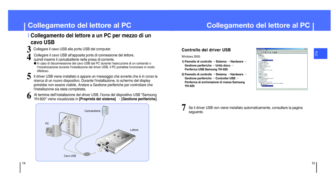 Samsung YH-820MC/XEU, YH-820MC/ELS manual Collegamento del lettore a un PC per mezzo di un cavo USB, Seguente, Windows 