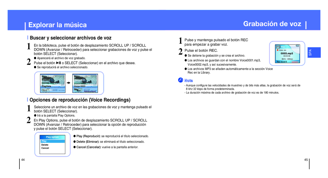Samsung YH-820MC/ELS Grabación de voz, Buscar y seleccionar archivos de voz, Opciones de reproducción Voice Recordings 