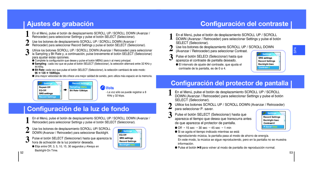 Samsung YH-820MC/ELS manual Ajustes de grabación, Configuración de la luz de fondo 