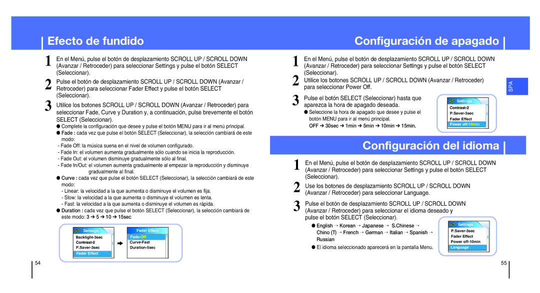 Samsung YH-820MC/ELS manual Efecto de fundido, Configuración de apagado, Configuración del idioma 