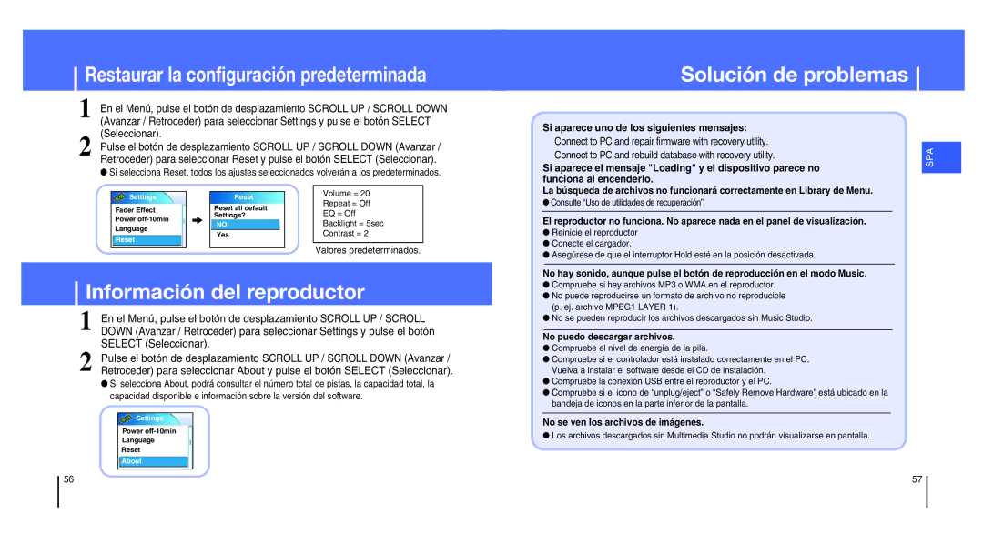 Samsung YH-820MC/ELS Información del reproductor, Valores predeterminados, Consulte Uso de utilidades de recuperación 