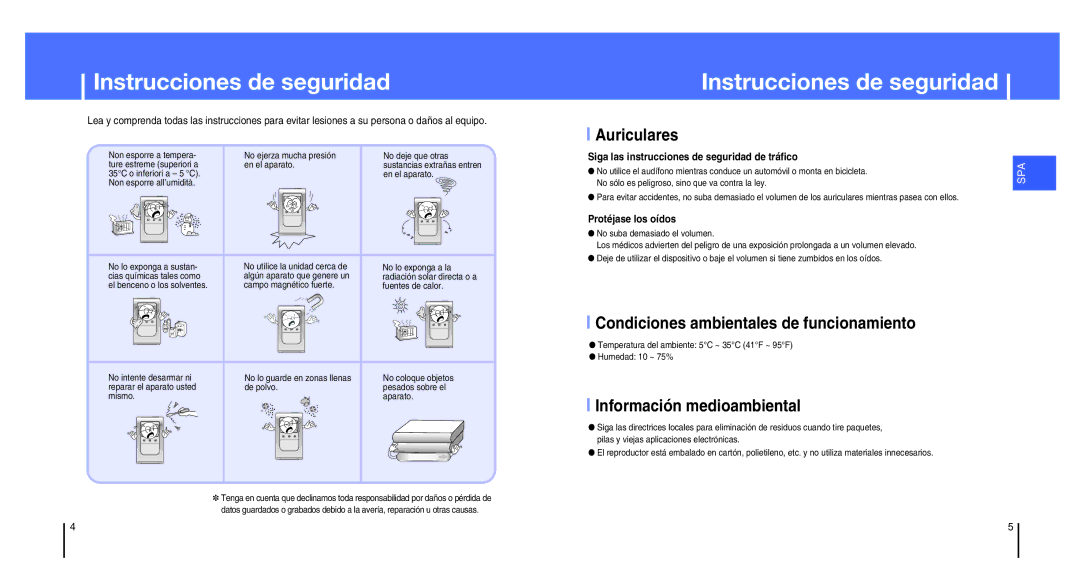 Samsung YH-820MC/ELS manual Instrucciones de seguridad, Auriculares, Condiciones ambientales de funcionamiento 