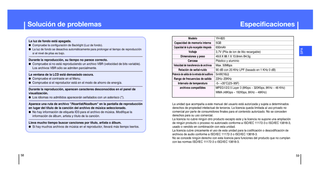 Samsung YH-820MC/ELS manual Especificaciones 