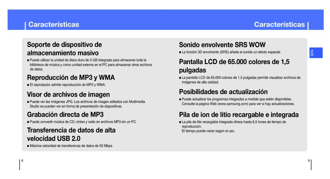 Samsung YH-820MC/ELS manual Características, El reproductor admite reproducción de MP3 y WMA 