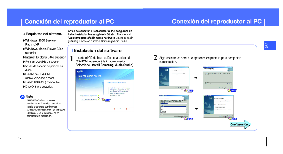 Samsung YH-820MC/ELS manual Conexión del reproductor al PC, Instalación del software 