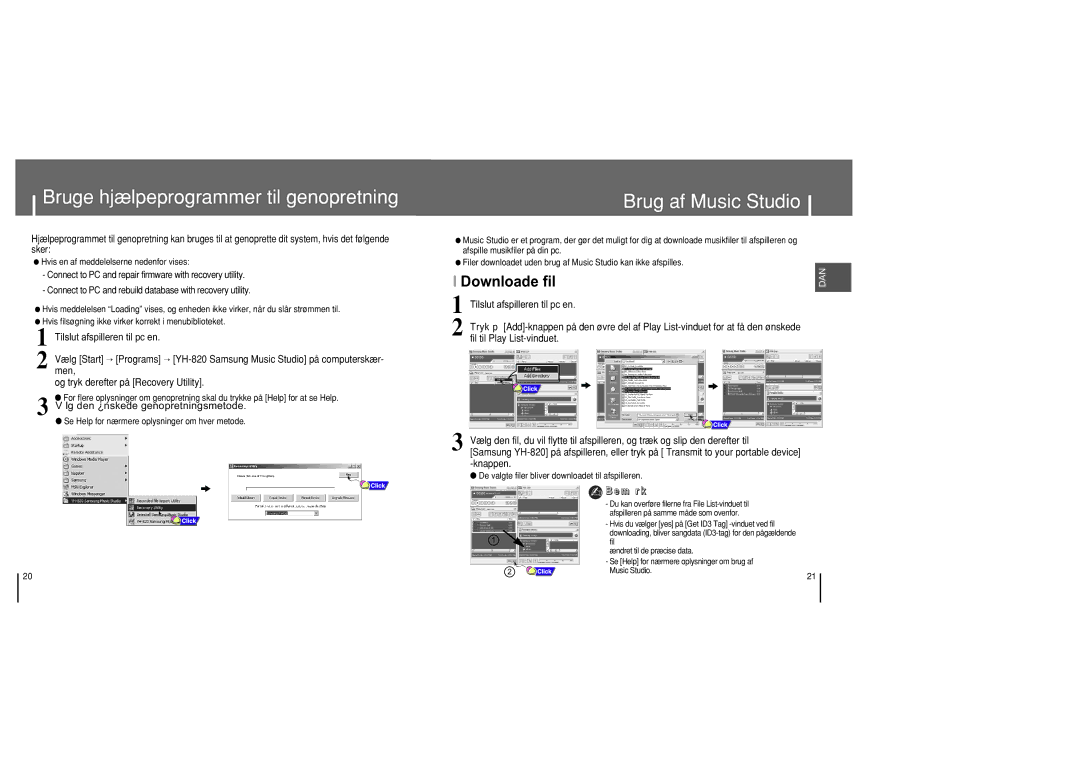 Samsung YH-820MC/ELS manual Bruge hjælpeprogrammer til genopretning, Brug af Music Studio, Tilslut afspilleren til pc en 