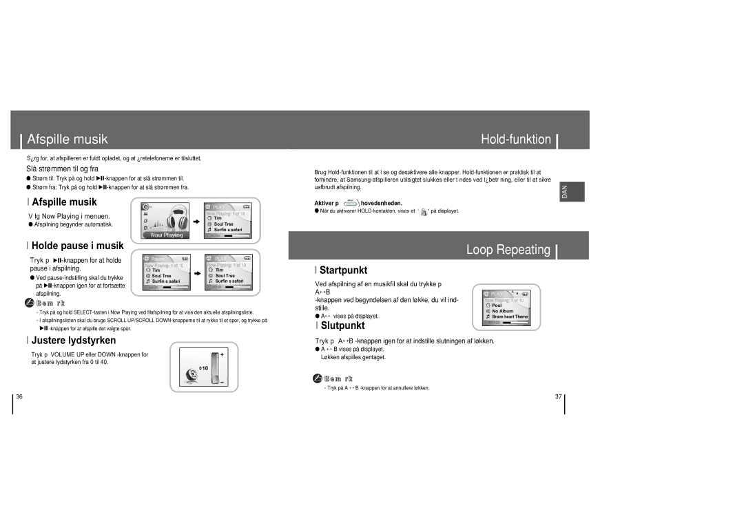 Samsung YH-820MC/ELS manual Afspille musik 