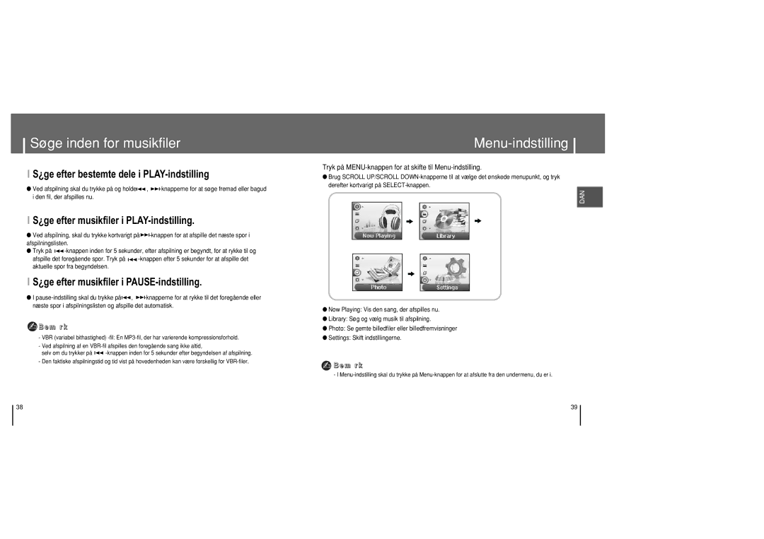 Samsung YH-820MC/ELS manual Søge inden for musikfiler, Menu-indstilling 