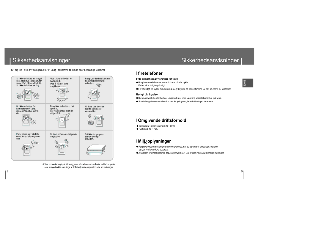 Samsung YH-820MC/ELS manual Sikkerhedsanvisninger, ﬂretelefoner, Omgivende driftsforhold, Milj¿oplysninger 