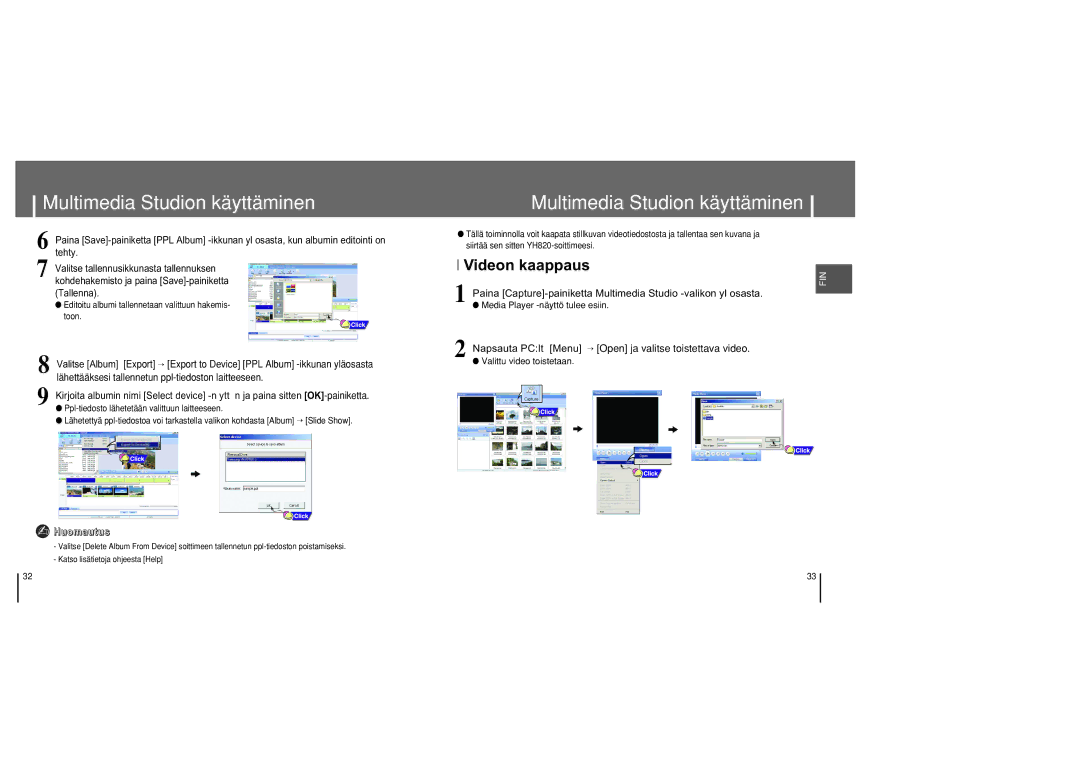 Samsung YH-820MC/ELS manual Videon kaappaus, Editoitu albumi tallennetaan valittuun hakemis Toon 