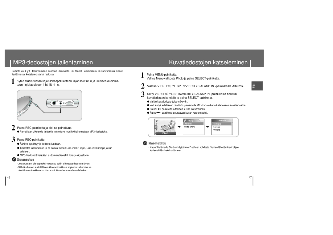 Samsung YH-820MC/ELS manual MP3-tiedostojen tallentaminen, Kuvatiedostojen katseleminen, Paina REC-painiketta 