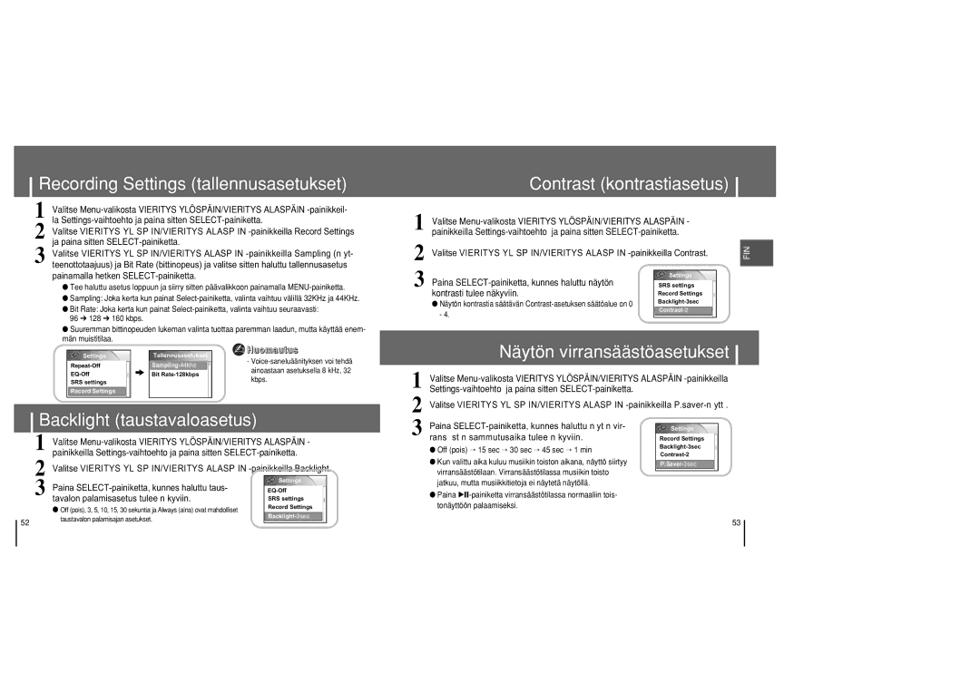 Samsung YH-820MC/ELS manual Recording Settings tallennusasetukset, Contrast kontrastiasetus, Näytön virransäästöasetukset 