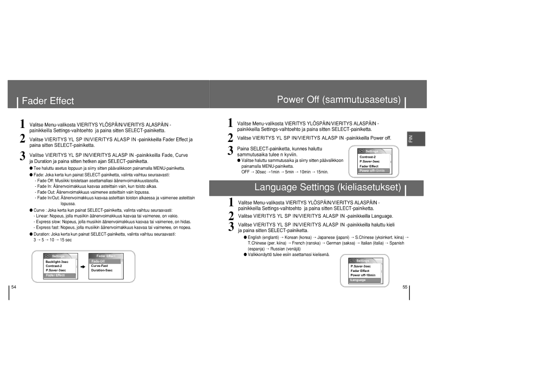 Samsung YH-820MC/ELS manual Fader Effect, Power Off sammutusasetus, Language Settings kieliasetukset 