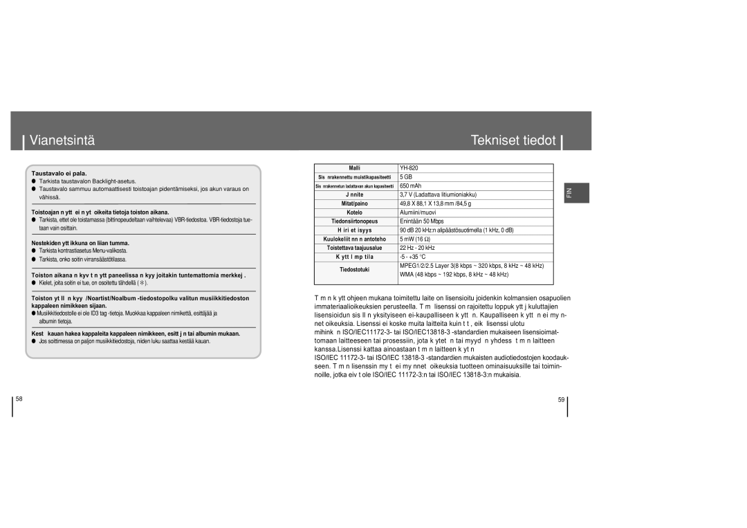 Samsung YH-820MC/ELS manual Tekniset tiedot, Toistoajan n ytt ei n yt oikeita tietoja toiston aikana 