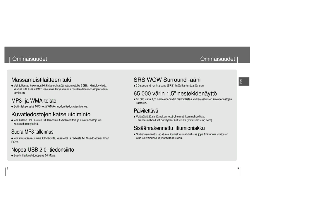 Samsung YH-820MC/ELS manual Ominaisuudet, Soitin tukee sekä MP3- että WMA-muodon tiedostojen toistoa 