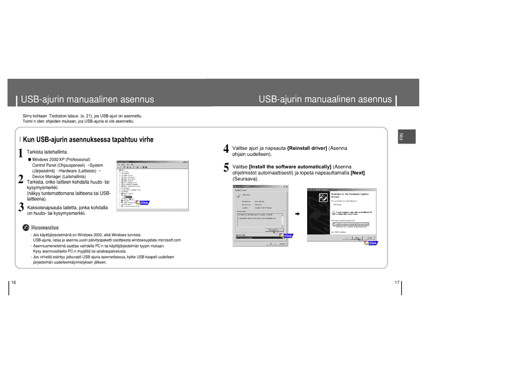 Samsung YH-820MC/ELS manual Kun USB-ajurin asennuksessa tapahtuu virhe, Tarkista laitehallinta, Kysymysmerkki, Laitteena 