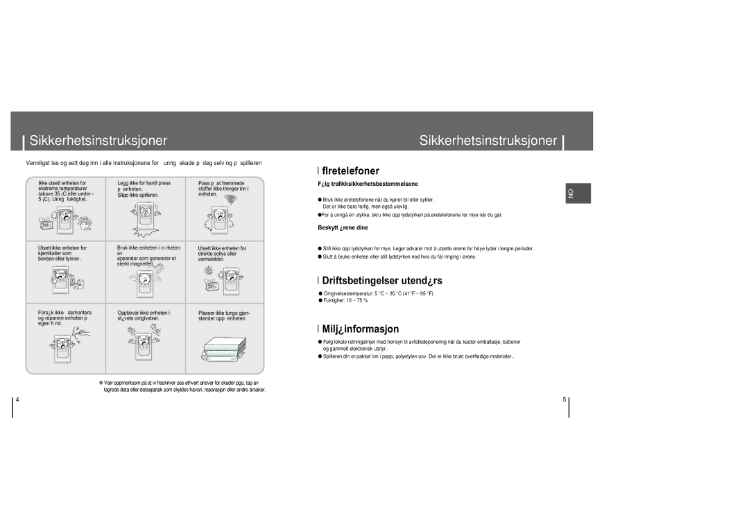 Samsung YH-820MC/ELS manual Sikkerhetsinstruksjoner, ﬂretelefoner, Driftsbetingelser utend¿rs, Milj¿informasjon 