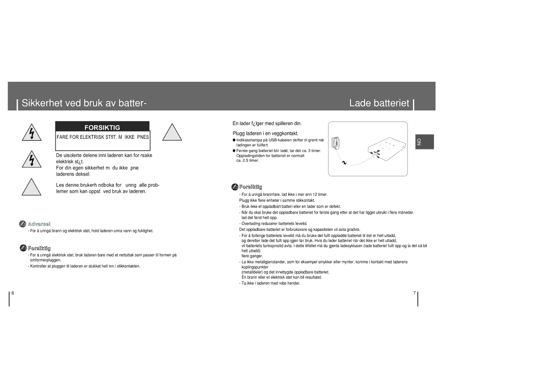 Samsung YH-820MC/ELS manual Sikkerhet ved bruk av batter, Lade batteriet 