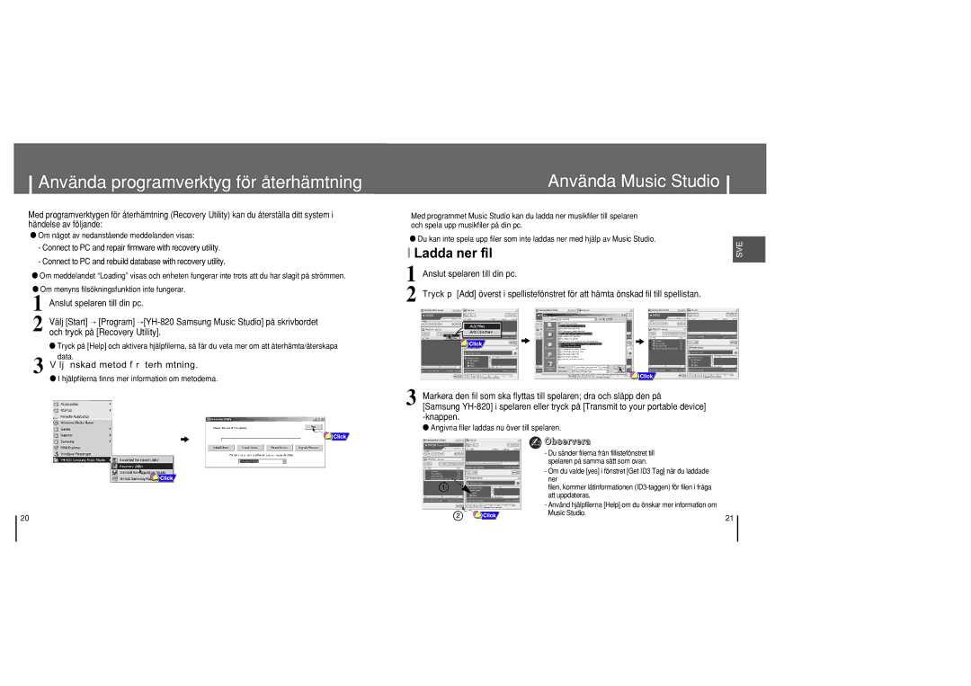 Samsung YH-820MC/ELS manual Använda programverktyg för återhämtning, Använda Music Studio 