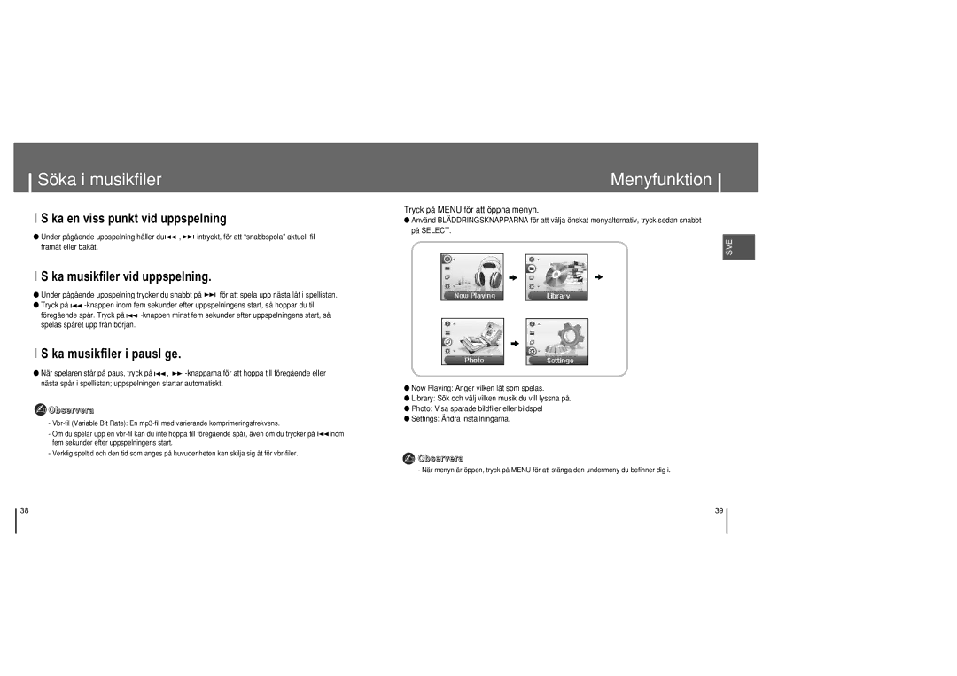 Samsung YH-820MC/ELS manual Söka i musikfiler, Menyfunktion 