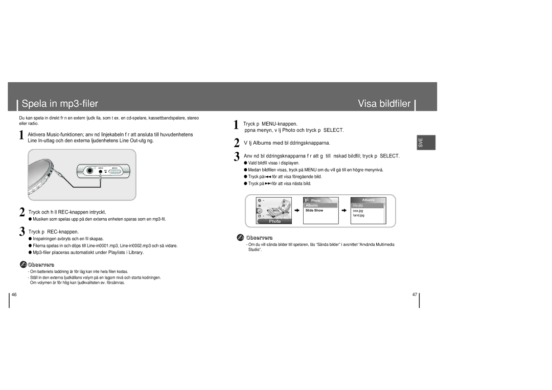 Samsung YH-820MC/ELS manual Spela in mp3-filer, Visa bildfiler 