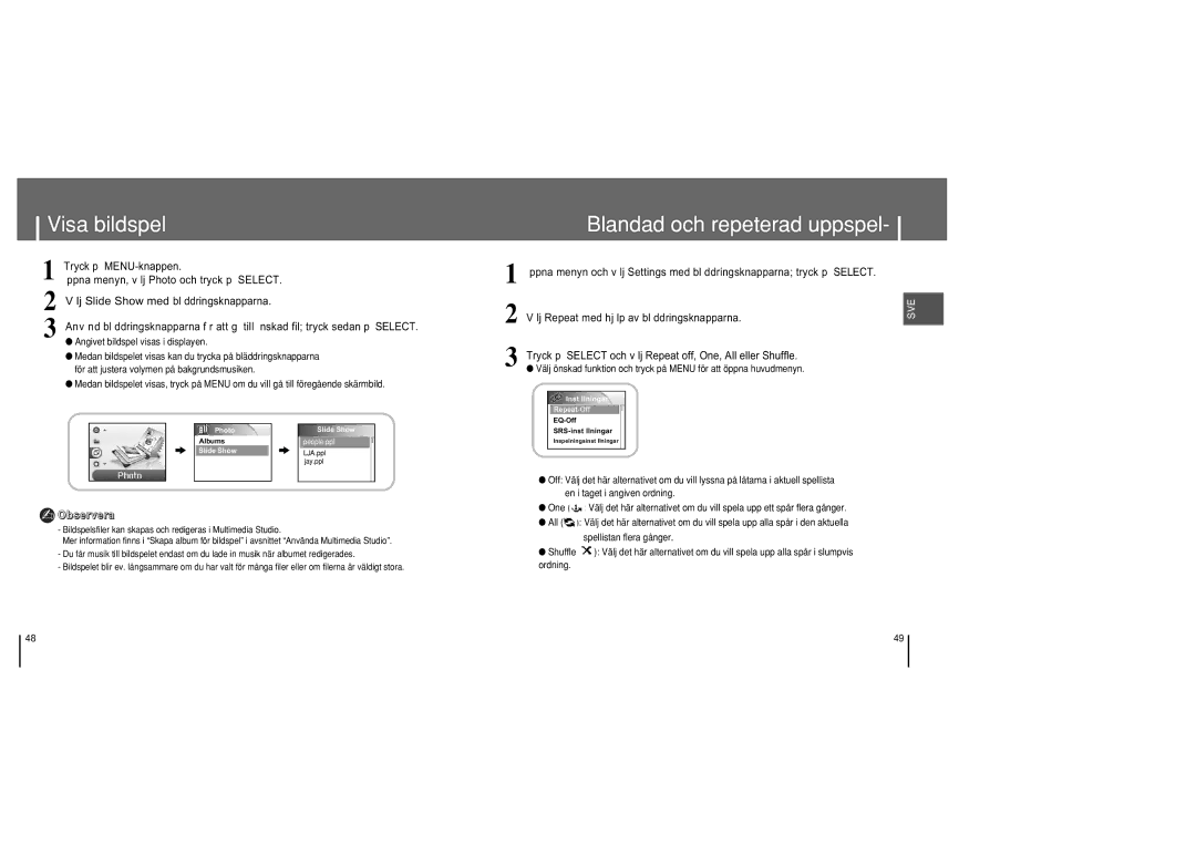 Samsung YH-820MC/ELS manual Visa bildspel, Blandad och repeterad uppspel 