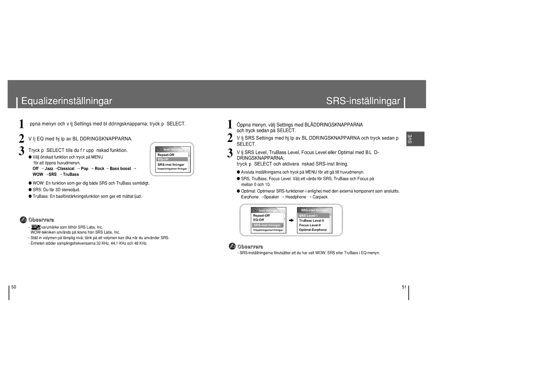 Samsung YH-820MC/ELS manual Equalizerinställningar, SRS-inställningar, Tryck p Select och aktivera nskad SRS-inst llning 