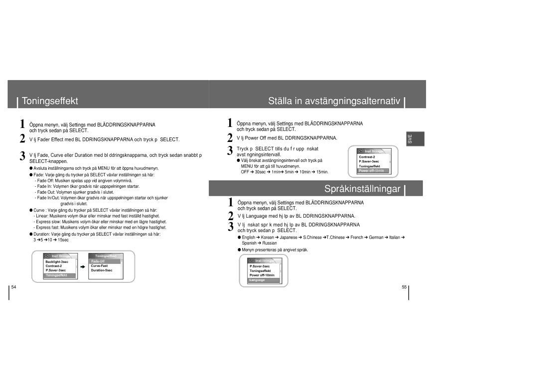 Samsung YH-820MC/ELS manual Toningseffekt, Ställa in avstängningsalternativ, Språkinställningar, SELECT-knappen 