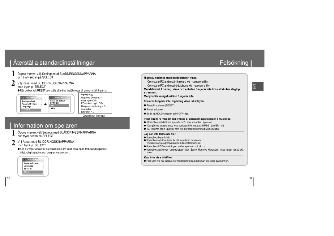 Samsung YH-820MC/ELS manual Återställa standardinställningar Felsökning, Information om spelaren 