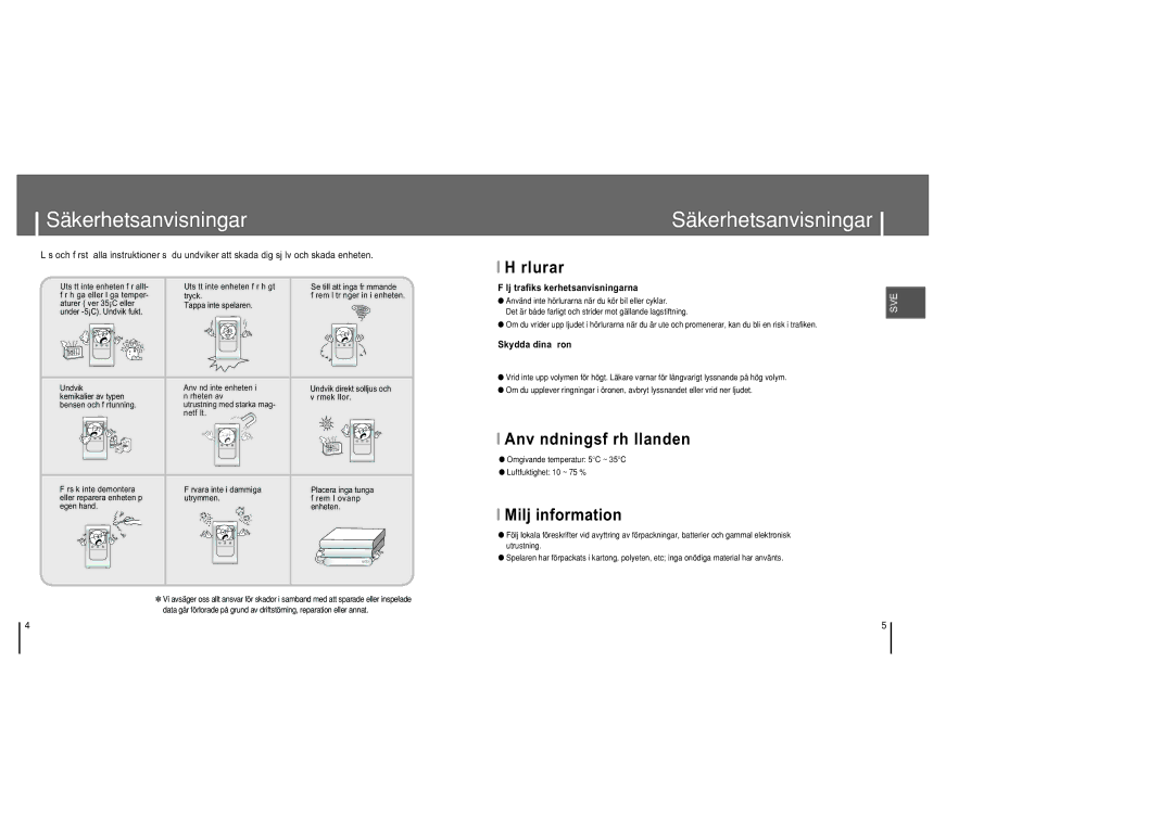 Samsung YH-820MC/ELS manual Säkerhetsanvisningar, Rlurar, Anv ndningsf rh llanden, Milj information 