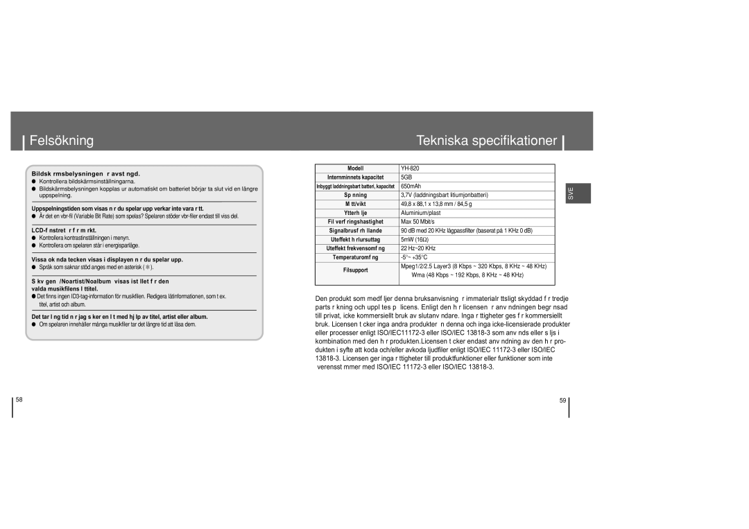 Samsung YH-820MC/ELS manual Tekniska specifikationer, Bildsk rmsbelysningen r avst ngd 