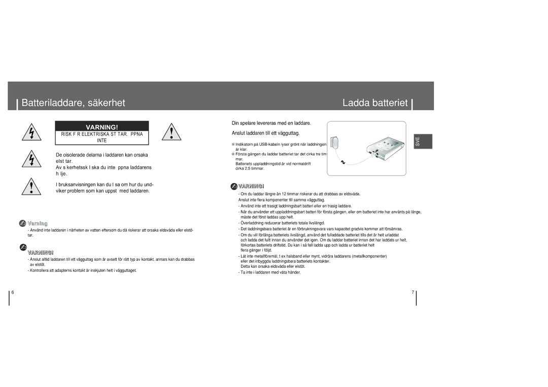 Samsung YH-820MC/ELS manual Batteriladdare, säkerhet Ladda batteriet, Lje 