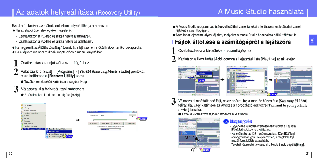 Samsung YH-820MC/ELS manual Az adatok helyreállítása Recovery Utility, Music Studio használata 