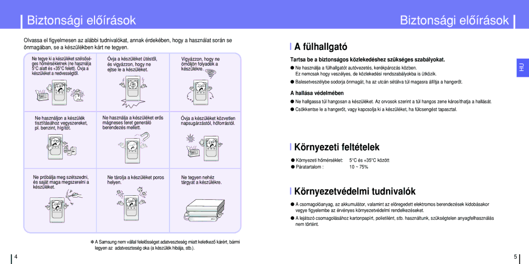 Samsung YH-820MC/ELS manual Biztonsági elôírások, Fülhallgató, Környezeti feltételek, Környezetvédelmi tudnivalók 