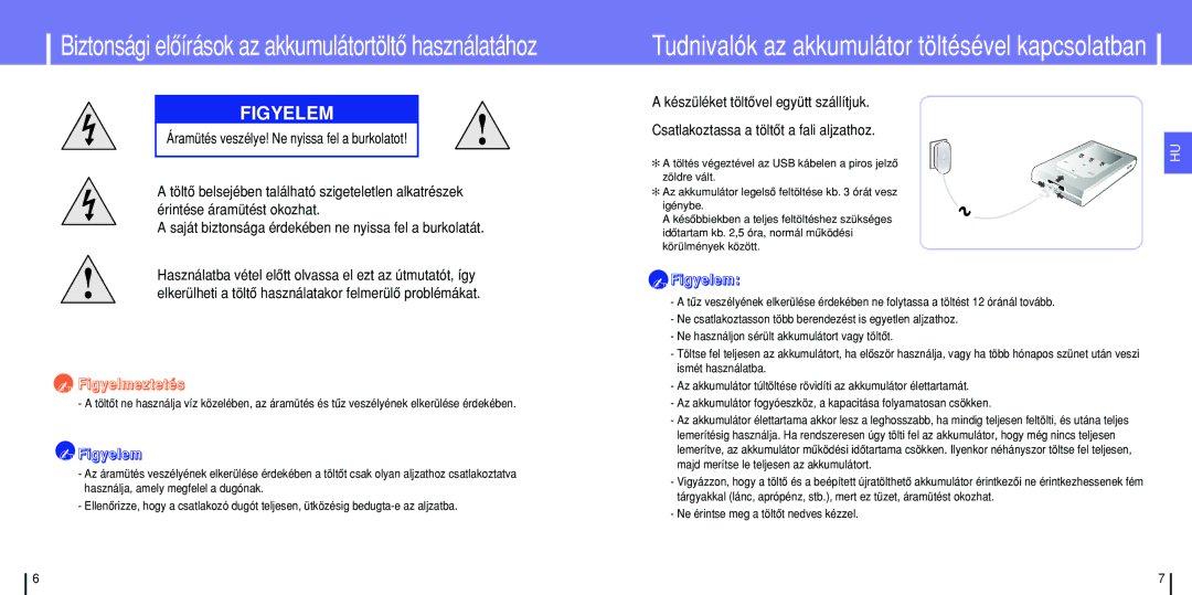 Samsung YH-820MC/ELS manual Tudnivalók az akkumulátor töltésével kapcsolatban, Ne érintse meg a töltôt nedves kézzel 