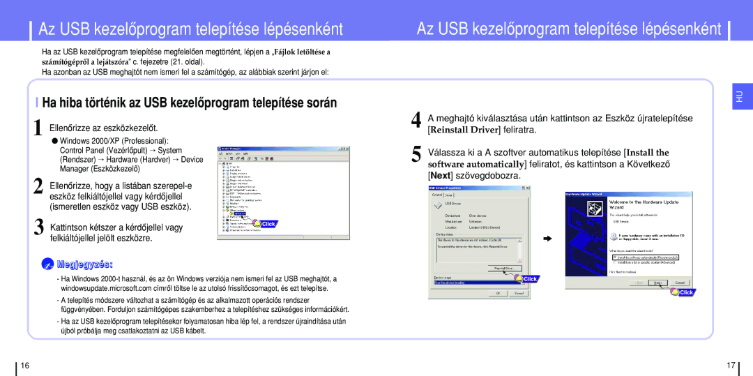 Samsung YH-820MC/ELS Az USB kezelôprogram telepítése lépésenként, Ha hiba történik az USB kezelôprogram telepítése során 