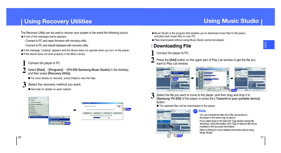 Samsung YH-820MC/AAW Using Recovery Utilities, Using Music Studio, Downloading File, Select the recovery method you want 