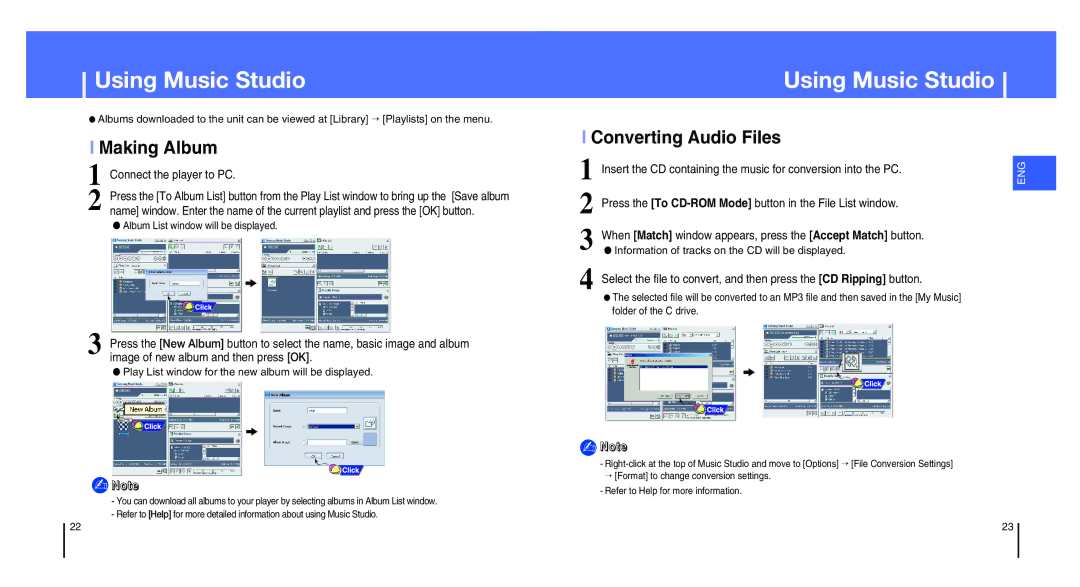 Samsung YH-820MC/XSV Making Album, Converting Audio Files, Connect the player to PC, Album List window will be displayed 