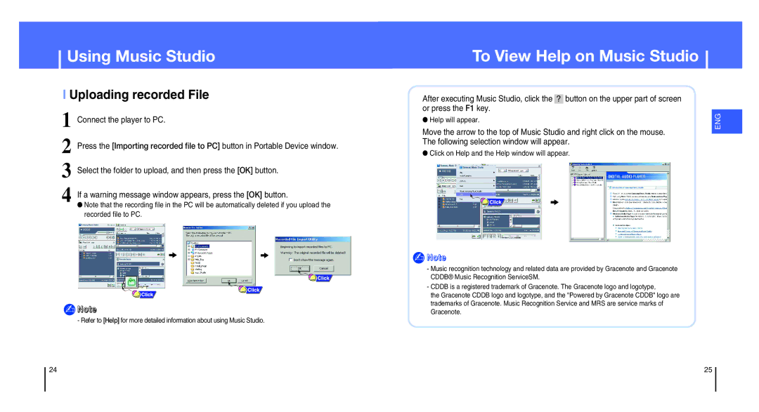 Samsung YH-820MW/ELS, YH-820MC/ELS, YH-820MC/XEU To View Help on Music Studio, Uploading recorded File, Help will appear 