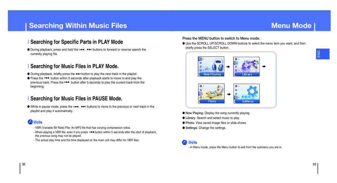 Samsung YH-820MC/XSP, YH-820MW/ELS manual Searching Within Music Files, Menu Mode, Searching for Specific Parts in Play Mode 